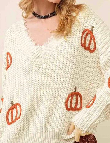 Ladies V-Neck Pumpkin Embroidery Long Sleeves Distressed Fringe Sweater