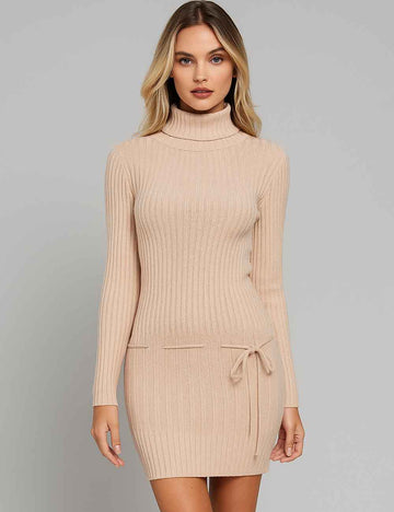 Ladies Solid Color Turtleneck Hip Wrap Knit Mini Dress