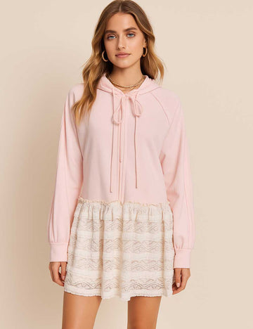 Ladies Lace Tiered Ruffled Tie Closure Hoodie Sweatshirt