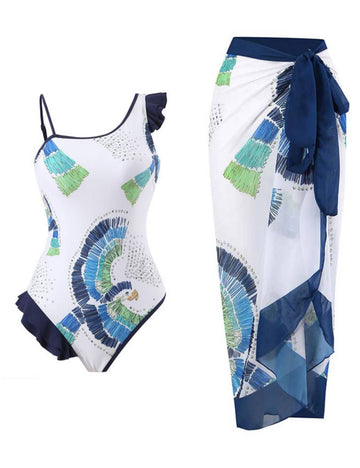 Geometry Print Ruffle One Piece Swimwear SKSW40145