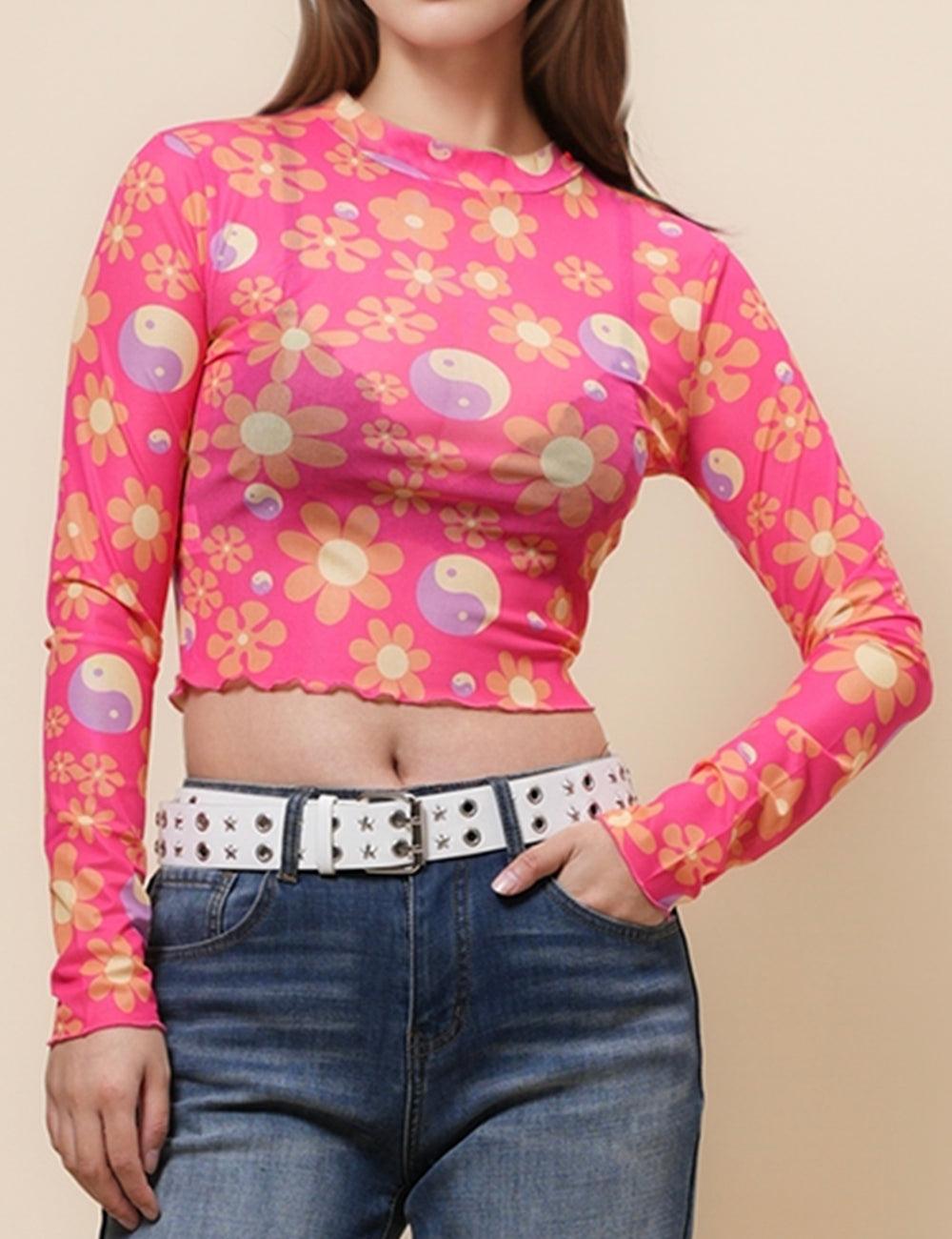 Ladies Flower See Sheer Mesh Layring Top Pullover Blouse SKT4963