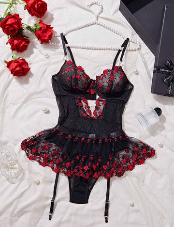 Ladies See Sheer Color Block Lace Embroidery Lingerie Teddy