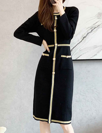 Ladies Color Block Striped Long Sleeves Ribbed Knit Midi Dress