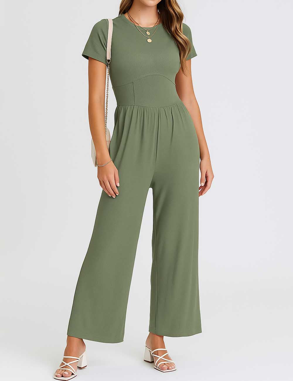 Ladies Ribbed Stretch Round Neck Wide Leg Pockets Jumpsuit