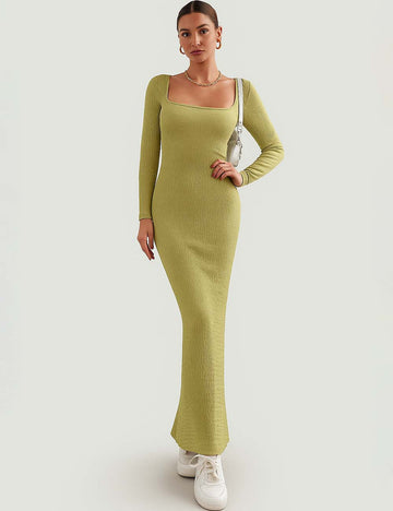 Ladies Square Neck Hip Wrap Knit Maxi Dress