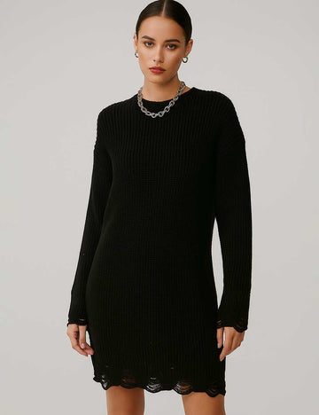 Ladies Solid Color Round Neck Distressed Knit Mini Dress