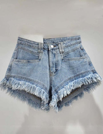 Ladies Solid Color Pocket Frayed Denim Shorts