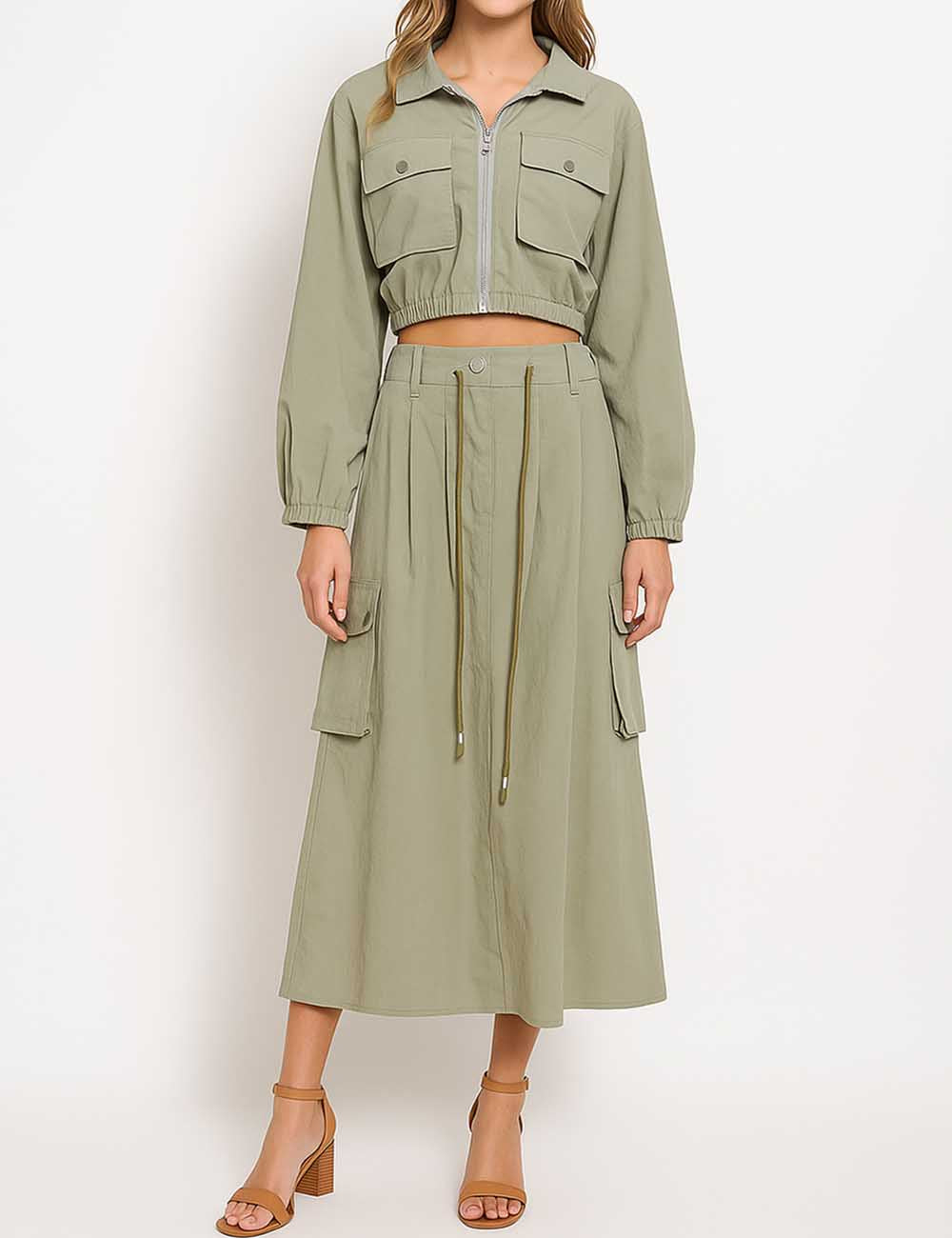 Ladies Zipper Front Cropped Jackets & Maxi Skirts Set