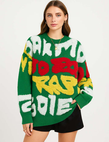 Ladies Multi Color Letter Splice Round Collor Kniw Sweater