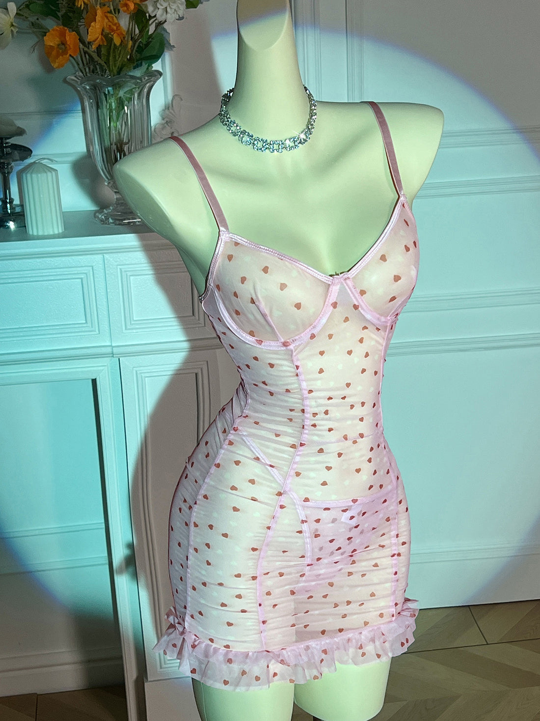 Ladies Heart Print See Through Lingerie Chemise Set SKLG4140