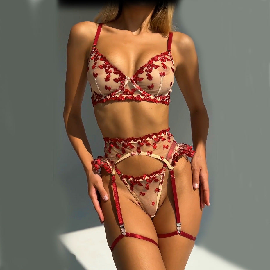 Ladies Valentine Heart Embroidery 3PCS Lingerie Set SKLG4110