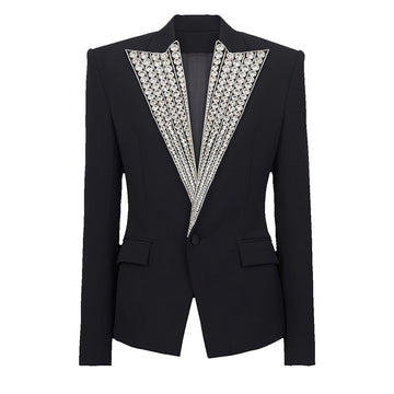Ladies Rhinestone One-Button Black Long Blazer
