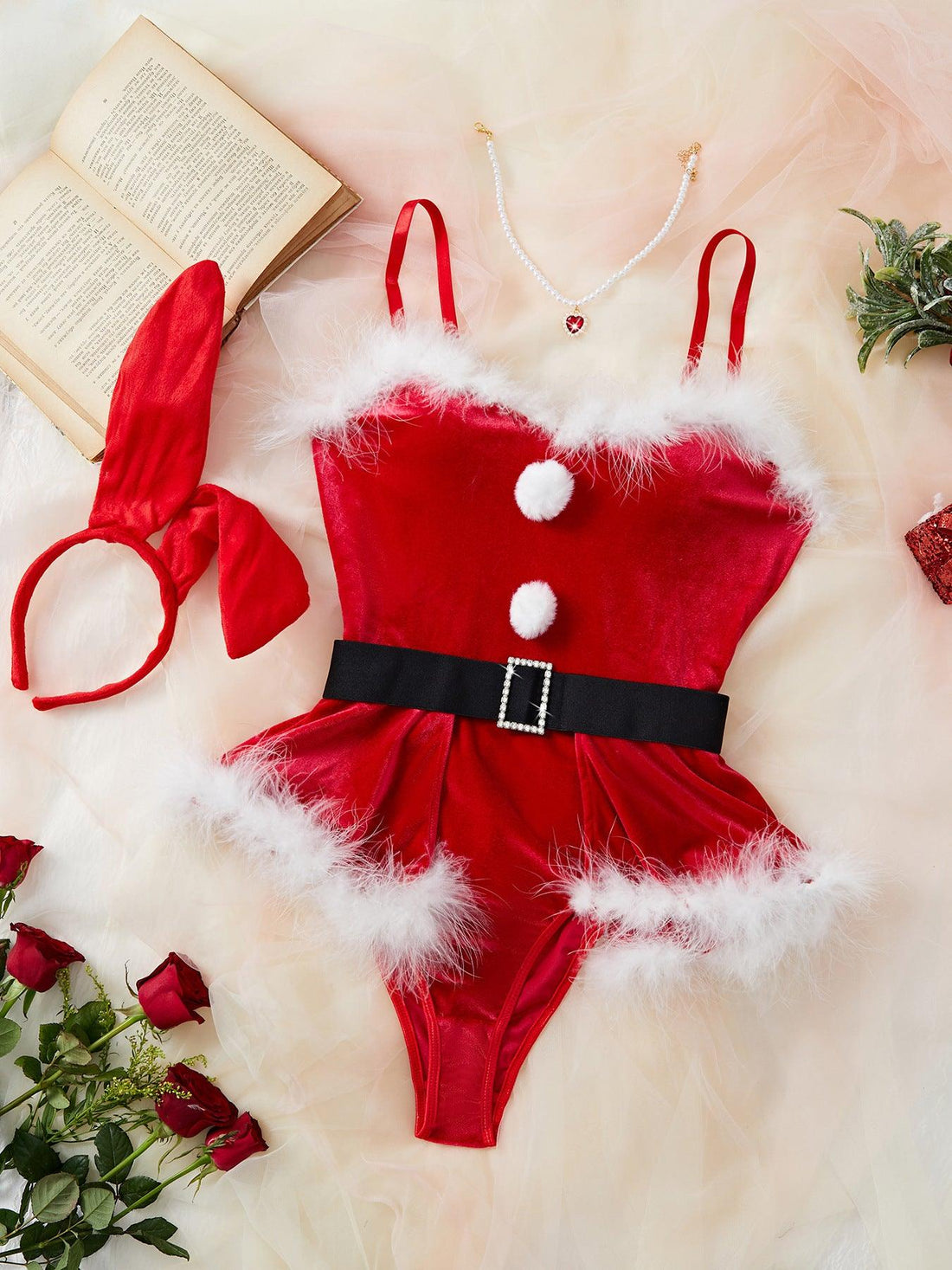 Ladies Christmas Miss Rabit Red Velvet Fluffy Teddy Set SKLG4007