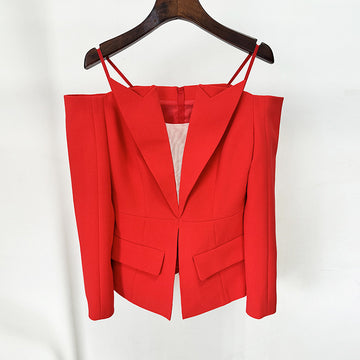 Ladies Off-shoulder String Shoulder Zipper Back Red Blazer