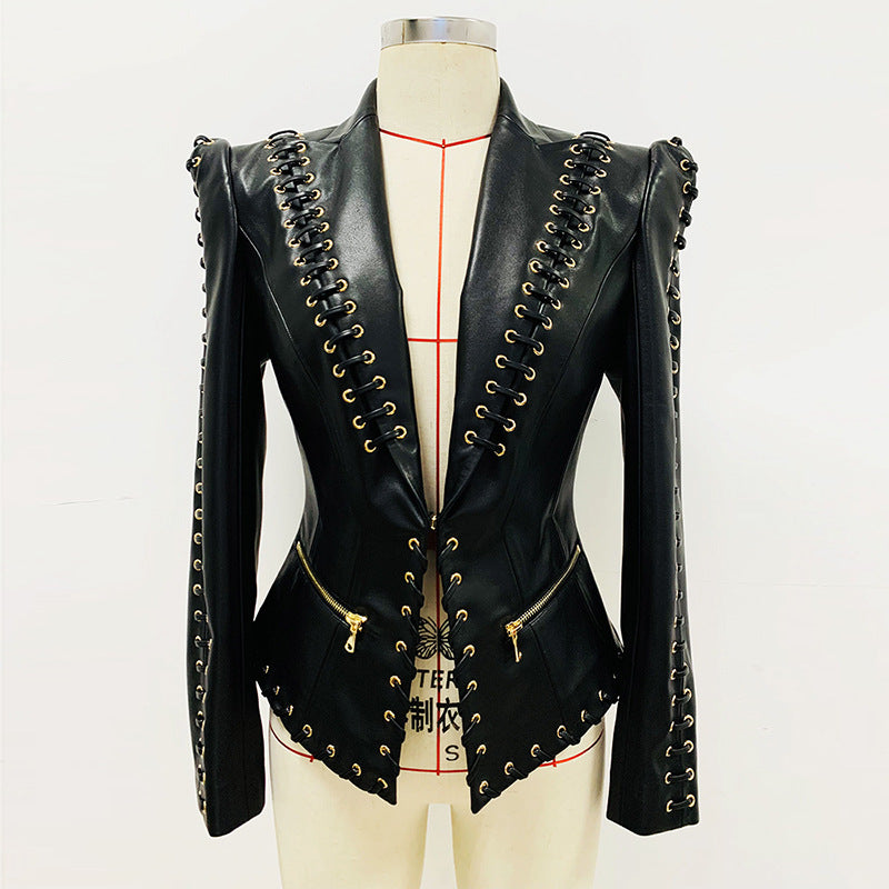 Ladies Industrial-style Metal-Ring Straps PU Leather Blazer