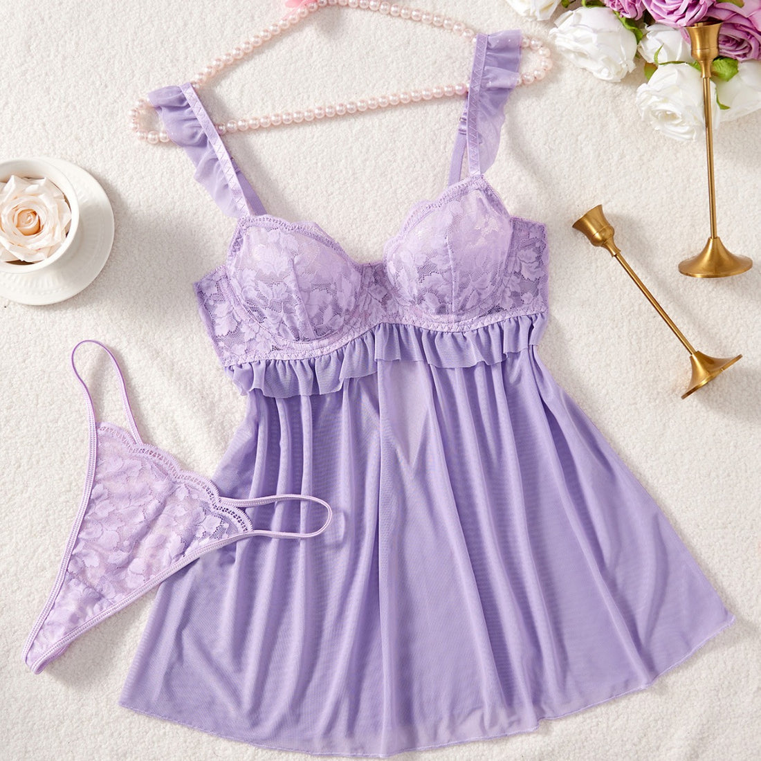 Ladies Floral Lace Sexy Babydoll Set SKLG4166