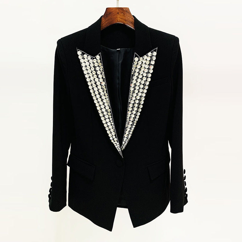 Ladies Rhinestone One-Button Black Long Blazer