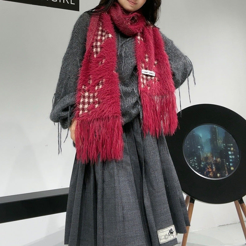 Ladies Faux Mink Color Block Tassels Scarf SKAS4193