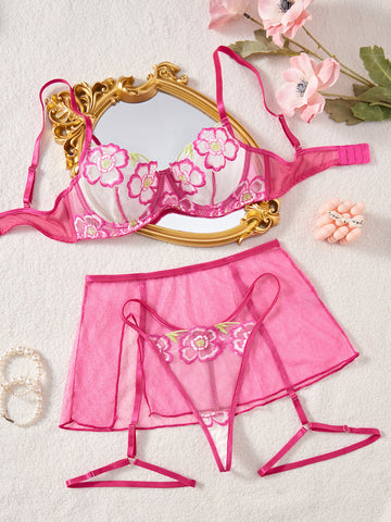 Ladies Floral Embroidery 3PCS Lingerie Set SKLG4152
