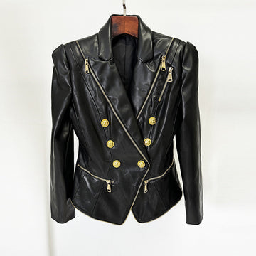 Ladies Color Block Zipper Panels Double Breast PU Blazer