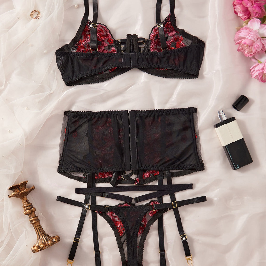 Ladies Floral Color Block Embroidery 3PCS Lingerie Set SKLG4120