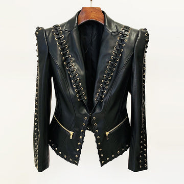 Ladies Industrial-style Metal-Ring Straps PU Leather Blazer