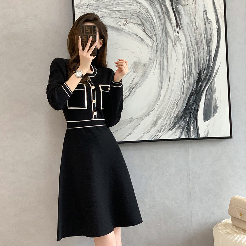 Ladies Color Block Round Neck Long Sleeves Knit Mini Dress