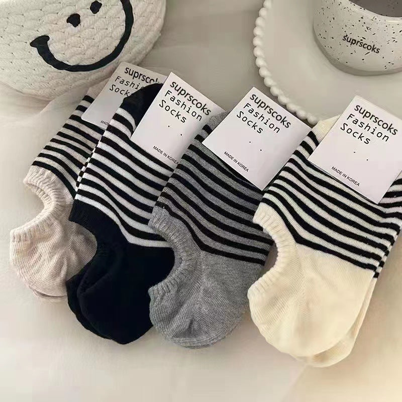 Ladies Black and White Stripe Knit Boat Socks SKAS50007