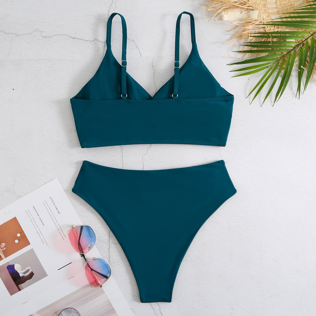Ladies Basic Solid Color Two Shoulder Bikini Set SKSW40124