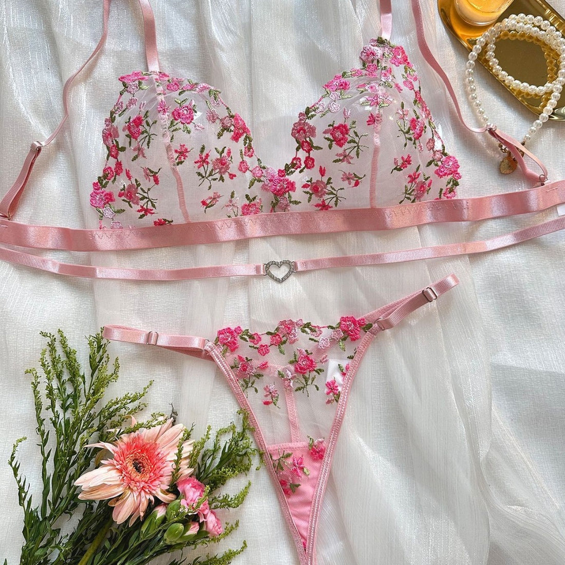 Ladies Floral Embroidery Triangle 2PCS Lingerie Set SKLG4056