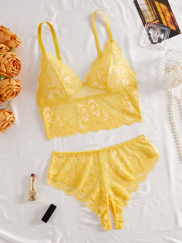 Ladies Floral Lace See Sheer 2PCS Lingerie Set SKLG4125