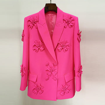 Ladies Solid Color 3D Flower Double Breast Long Blazer