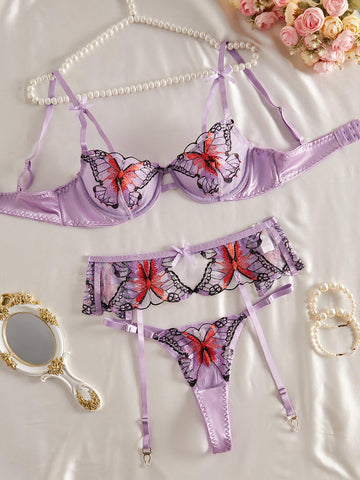 Ladies Embroidery Butterfly Bra Thong 3PCS Lingerie Set SKLG4016