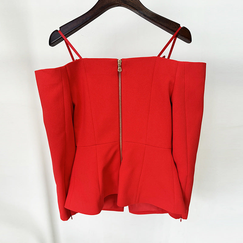 Ladies Off-shoulder String Shoulder Zipper Back Red Blazer