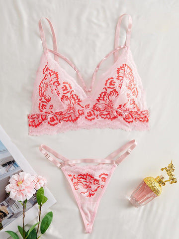 Ladies See Through Floral Lace 2PCS Lingerie Set SKLG4011