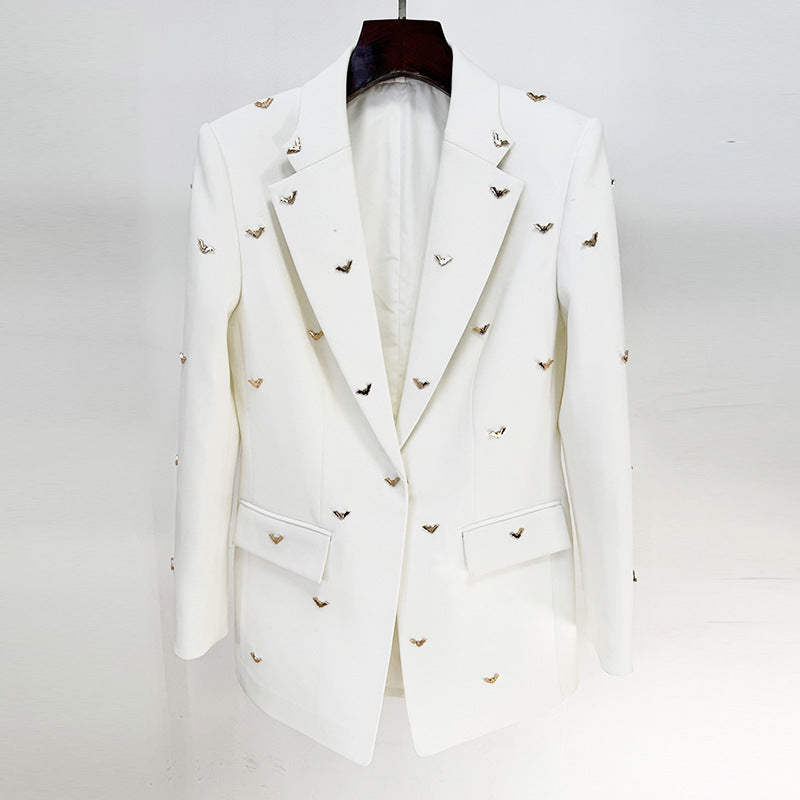 Ladies Bat Beaded Studs Notched Lapel White Blazer