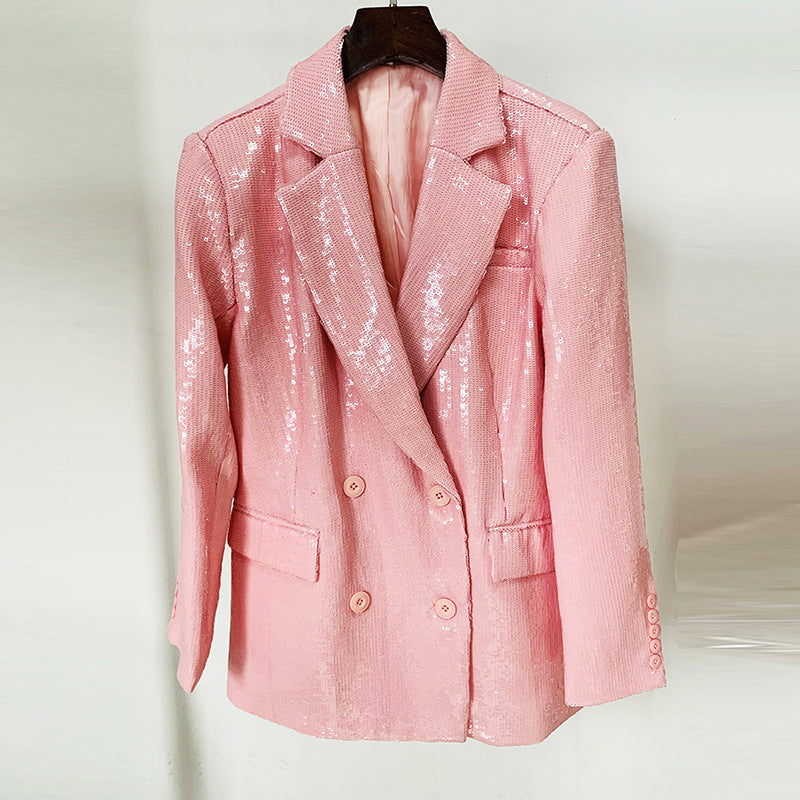 Ladies Dusty Pink Sequin Notched Lapel Double Breast Blazer
