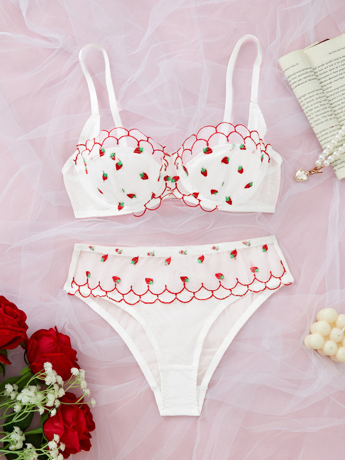 Ladies Color Block Strawberry Embroidery Lingerie Set SKLG4139