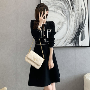 Ladies Color Block Round Neck Long Sleeves Knit Mini Dress
