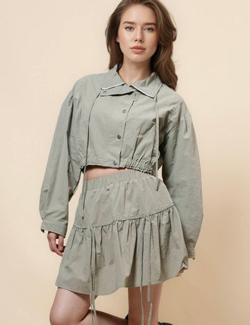 Ladies Drawstring 2PCS Jacket & Skirt Set SKST0833