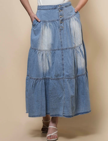 Ladies Waist Botton Closure Denim Midi Skirt SKS50109