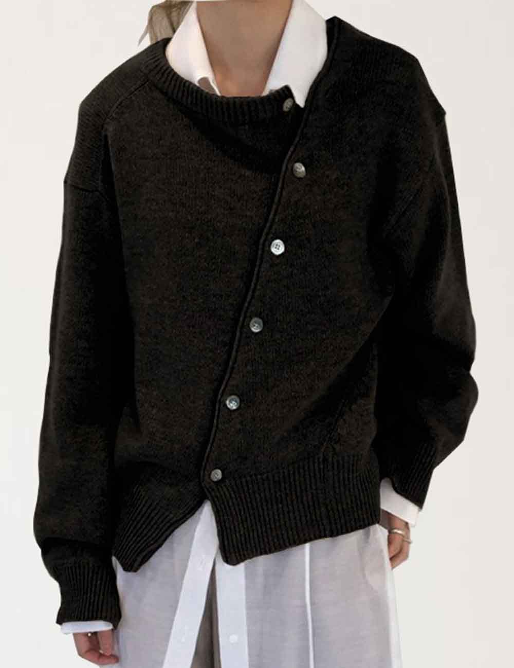 Ladies Solid Color Round Collar Long Sleeves Knit Cardigan