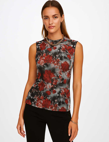 Women Flower Print See Sheer Mesh Layering Tank Top