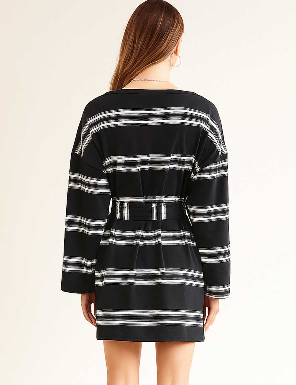 Ladies Striped Crew Neck Waist Tie Long Sleeves Mini Dress