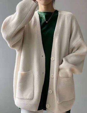 Ladies Solid Color V-Neck Button Long Sleeves Sweater Cardigan