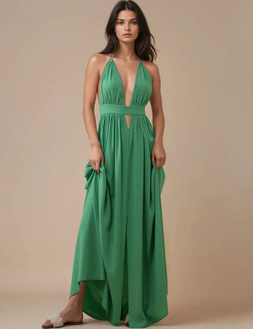 Ladies Deep V-Neck Sleeveless Halter Backless Maxi Dress SKD51226