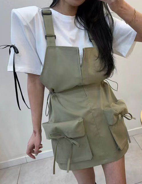 Ladies Strape Shoulder Pockets Mini Dress 89472