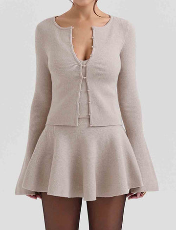 Ladies Pearl Button Knit Cardigan & Skirt 3PCS Set