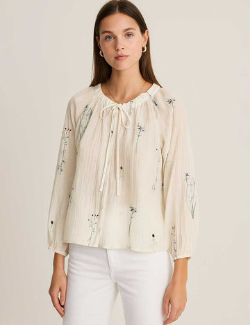 Ladies Floral Embroidery String Tie Lantern Sleeves Blouse