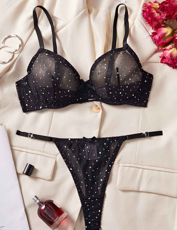 Ladies Sexy Color Block See Through Sequin Lingerie Set